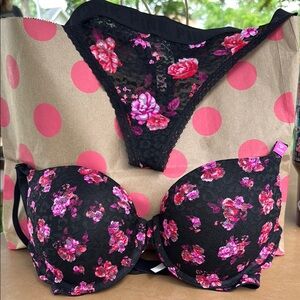 PINK Victoria's Secret Black and Pink Floral Bra Intimates